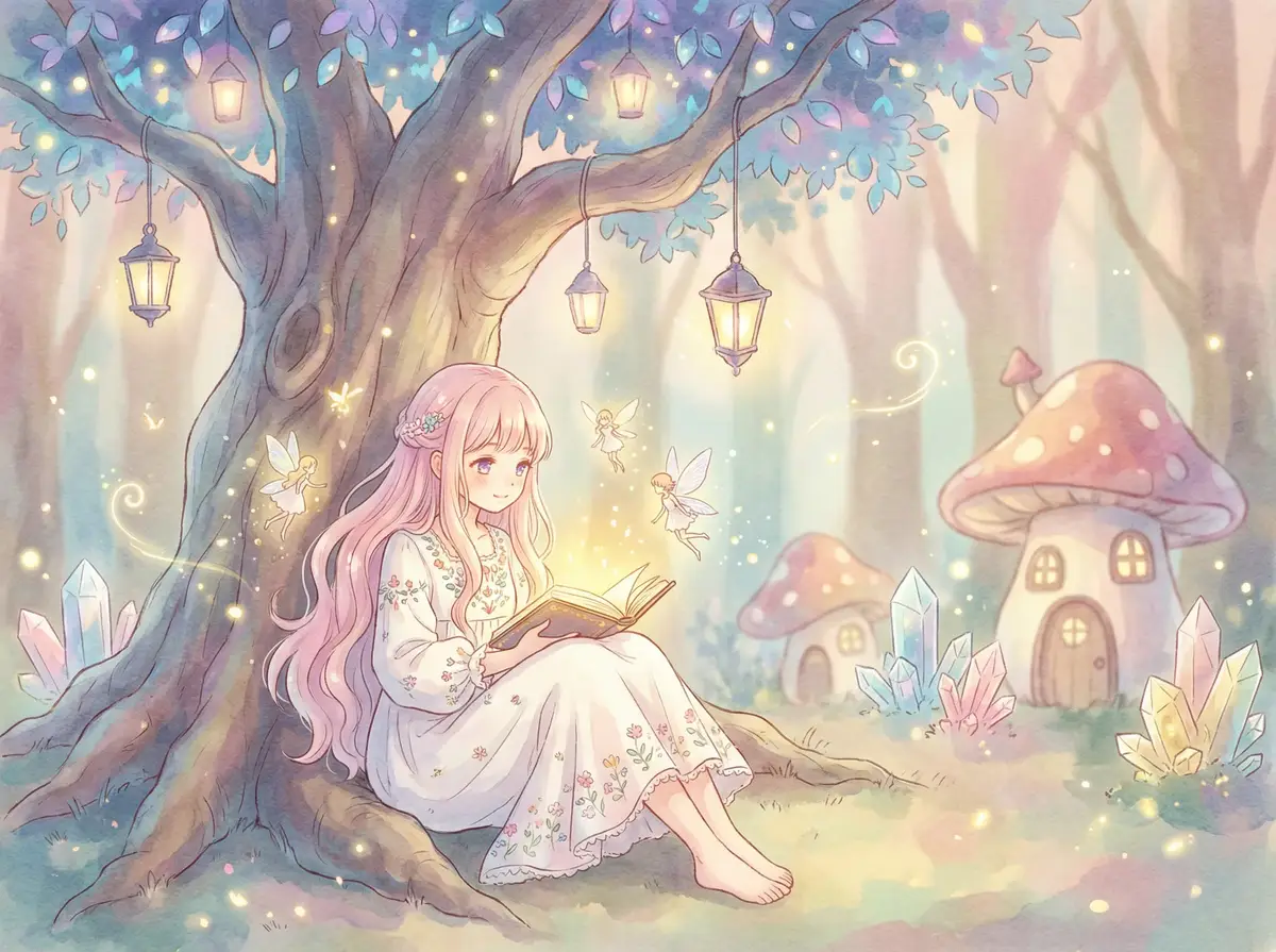 eimi fukuda - 魔法森林中阅读故事书的粉发少女与精灵